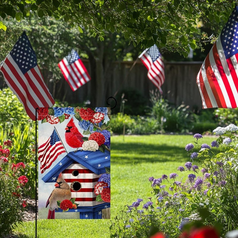 BLKWHT 4th of July Cardinal Bird Garden Flag 12x18 Vertical Double Sided Red Blue Floral Memorial Day Independence Day Holiday Outside Decorations Burlap Yard Flag BW824 - Image 3